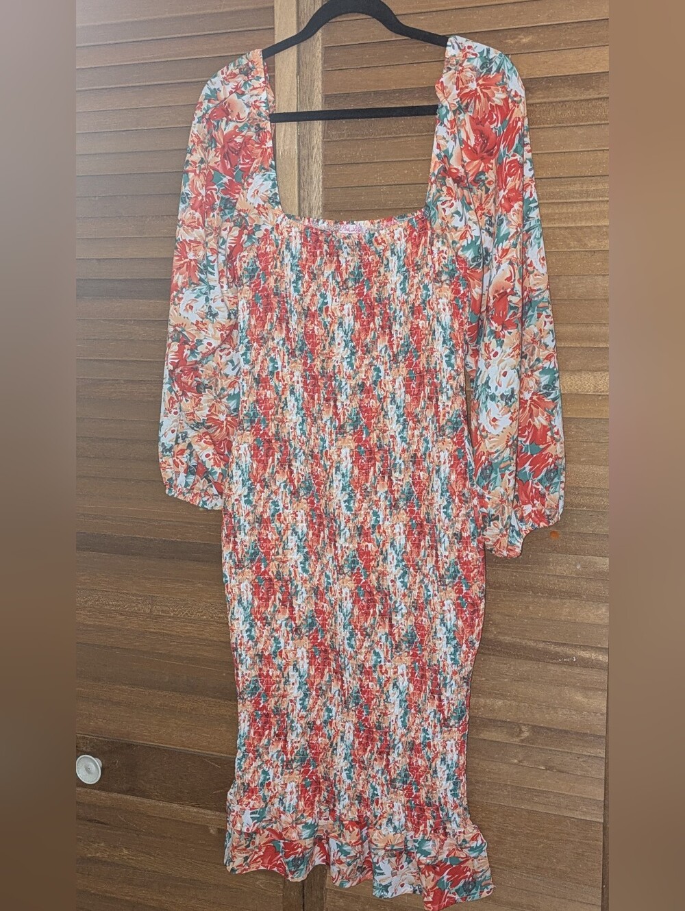 💥Pink Lily Red Floral Smocked Midi Dress with Green Accents